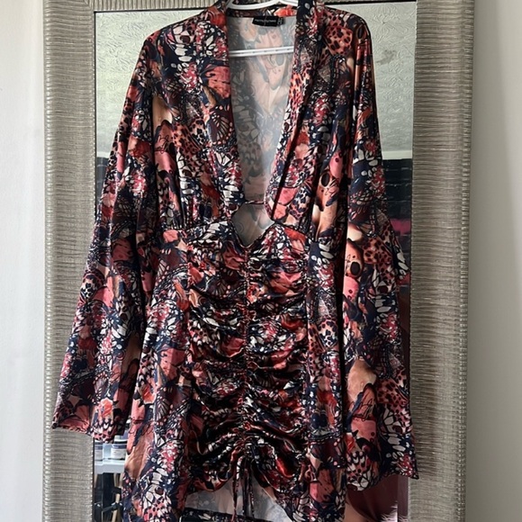 butterfly ruched satin print dress - Picture 7 of 7